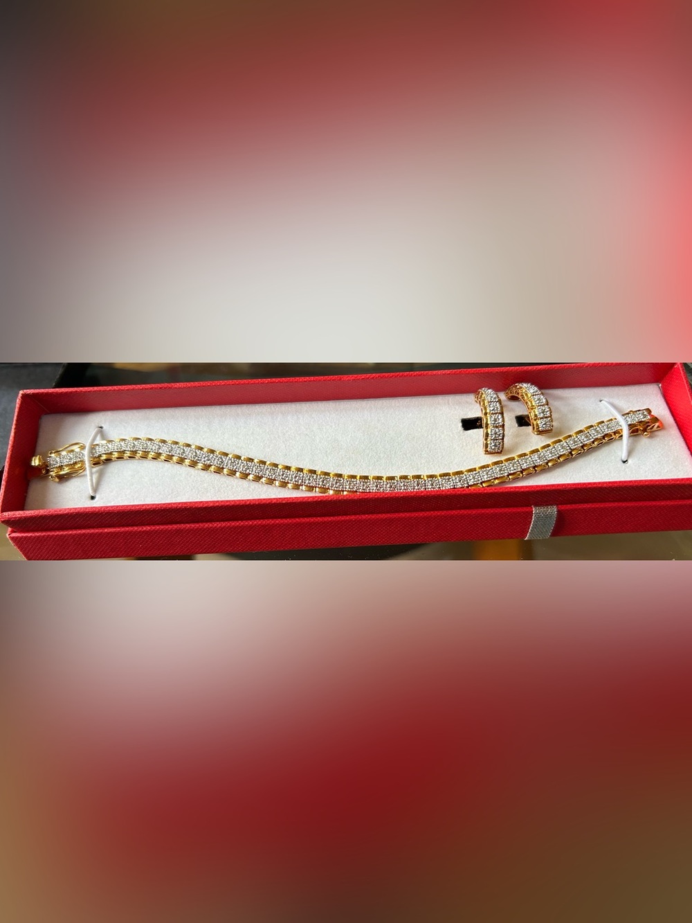 Genuine diamond  Tennis Bracelet and Hoop clip Earring Set - 14k gold plated